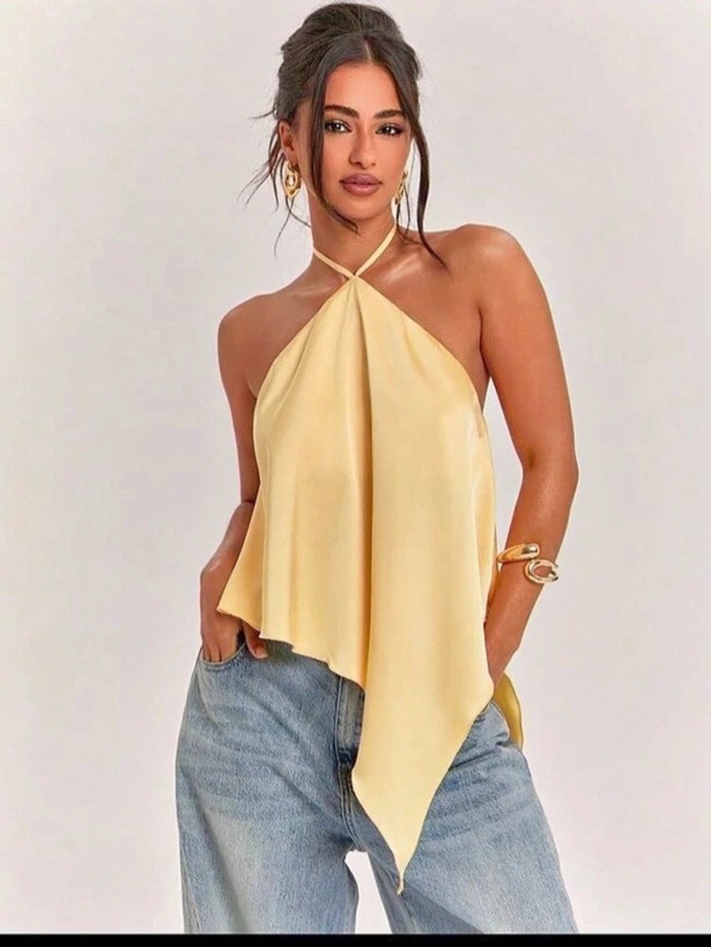 Pieces Halter Neck Satin Asymmetric Hem Top in Pastel Yellow